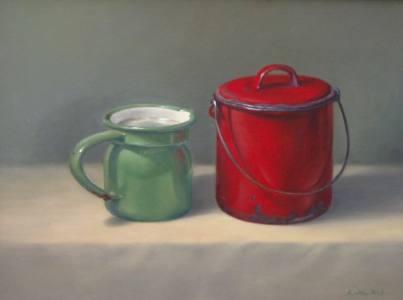 Still-life painting with a green can and a red pot. Made by Els Vink.