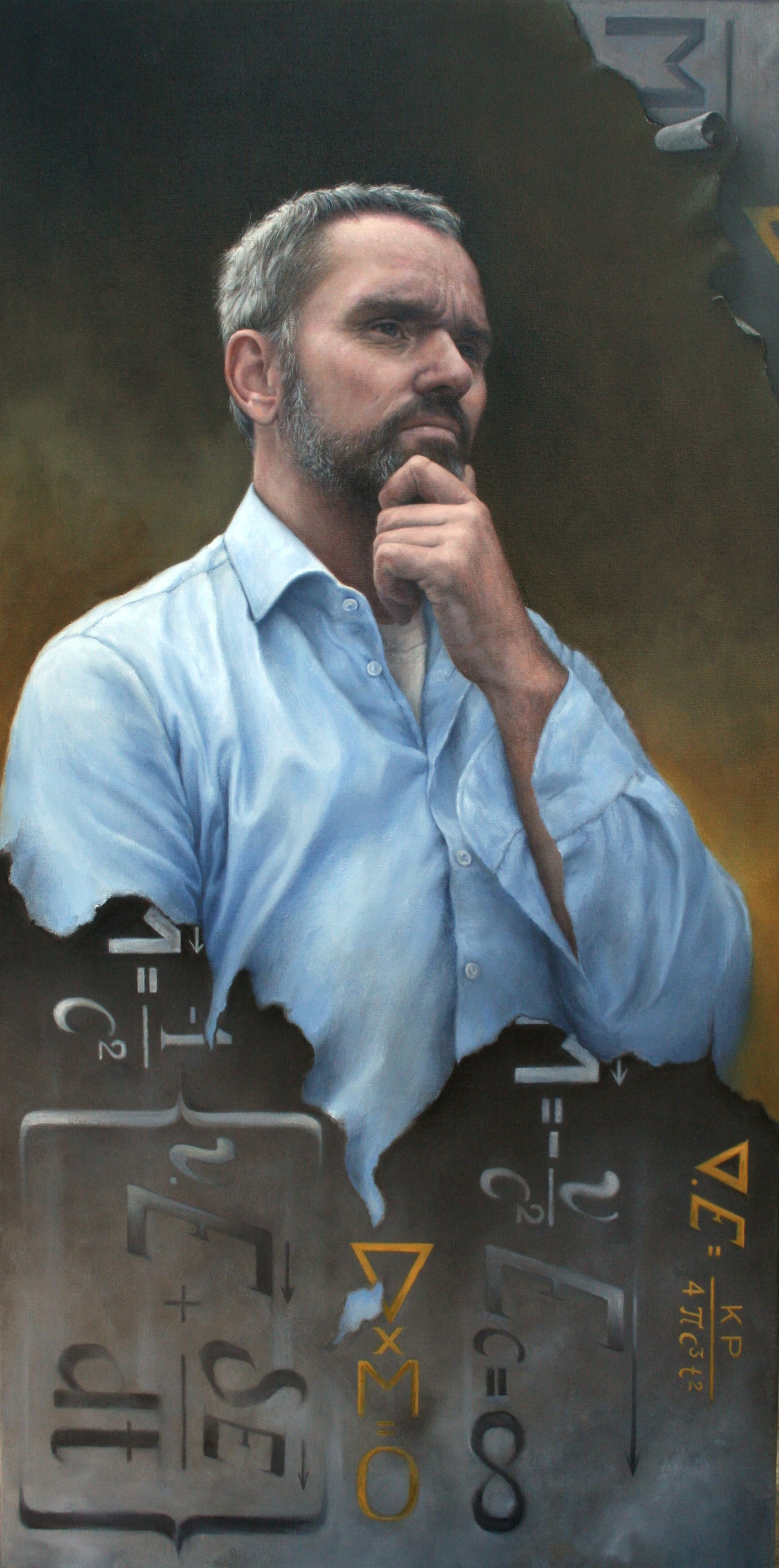 Portret van Mathematics Man, een wetenschappelijk onderzoeker. Zijn vernieuwende wiskundige formules zijn verwerkt in het portret. Gemaakt door portretschilder Els Vink.