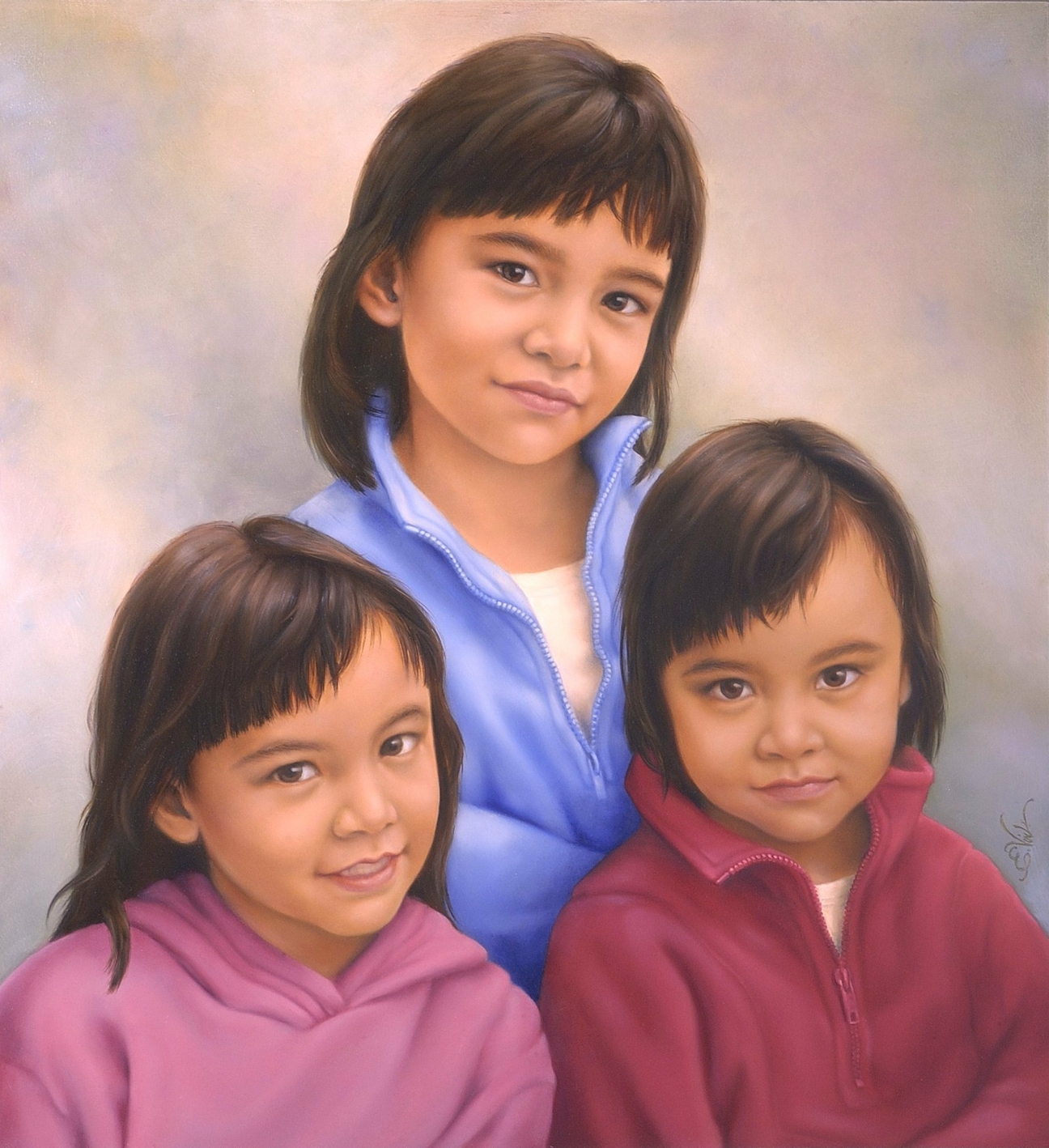 Portret van drie mooie jonge meisjes, zusjes van elkaar. Zij komen uit Jakarta, Indonesië.  Gemaakt door portretschilder Els Vink.
