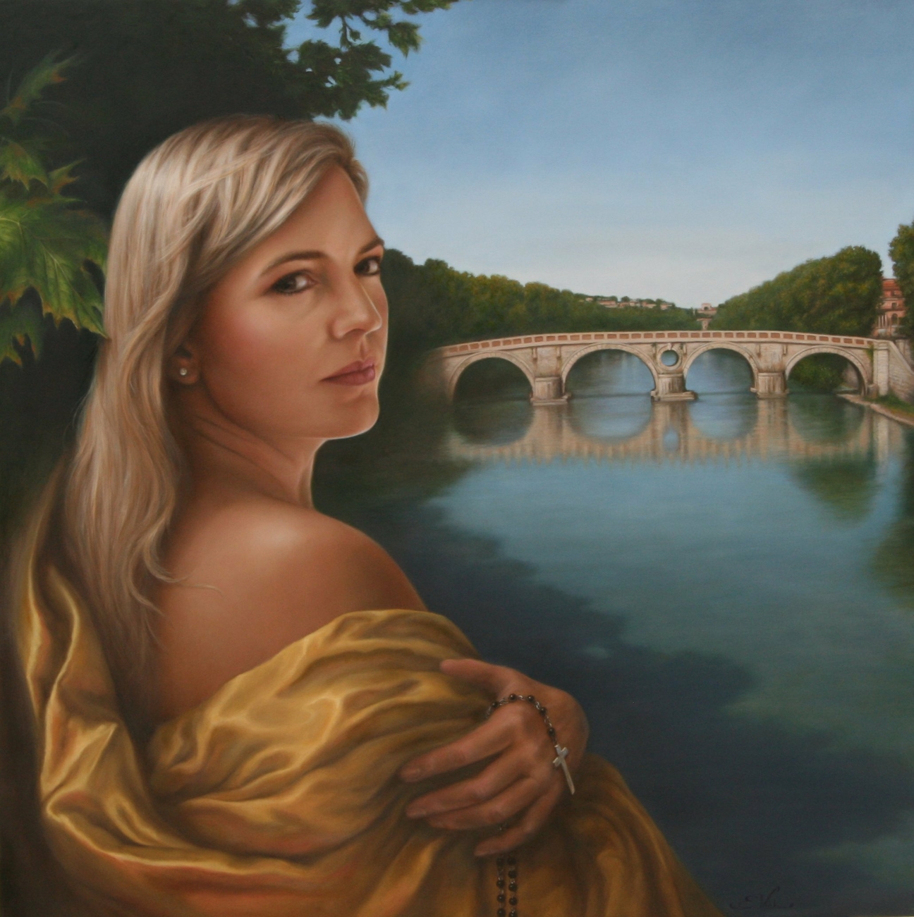 Portret van een jonge Amerikaanse vrouw. Op de achtergrond de rivier de Tiber met de brug "il ponte Sisto" in hartje Rome. Gemaakt door portretschilder Els Vink.