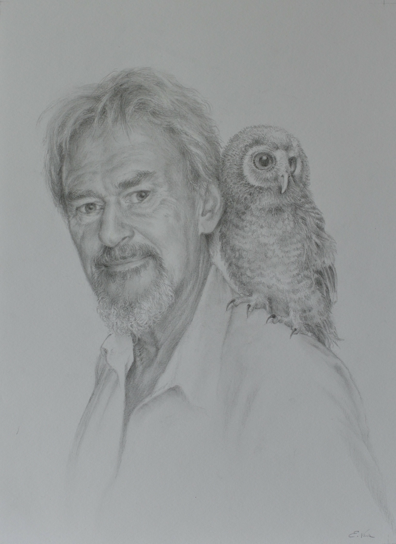 Portrait of a man with a young owl. Pencil drawing by Els Vink.
