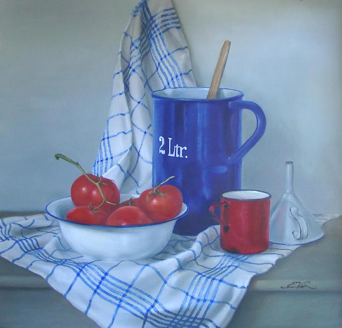 Stilleven met keukenspullen en tomaten, in de kleuren rood, wit en blauw. Geschilderd door Els Vink.
