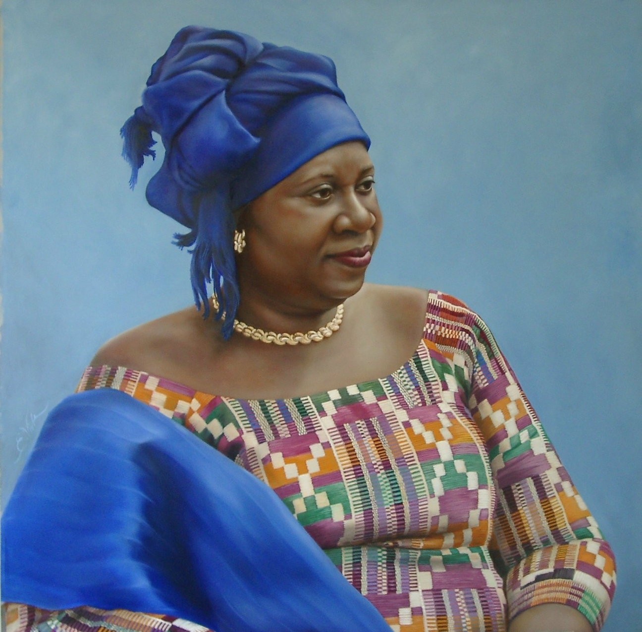 Portret van Mevrouw Juliana Adu. Prachtig en kleurrijk gekleed in de Kente-doek uit haar geboorteland Ghana. Olieverf schilderij gemaakt door Els Vink.