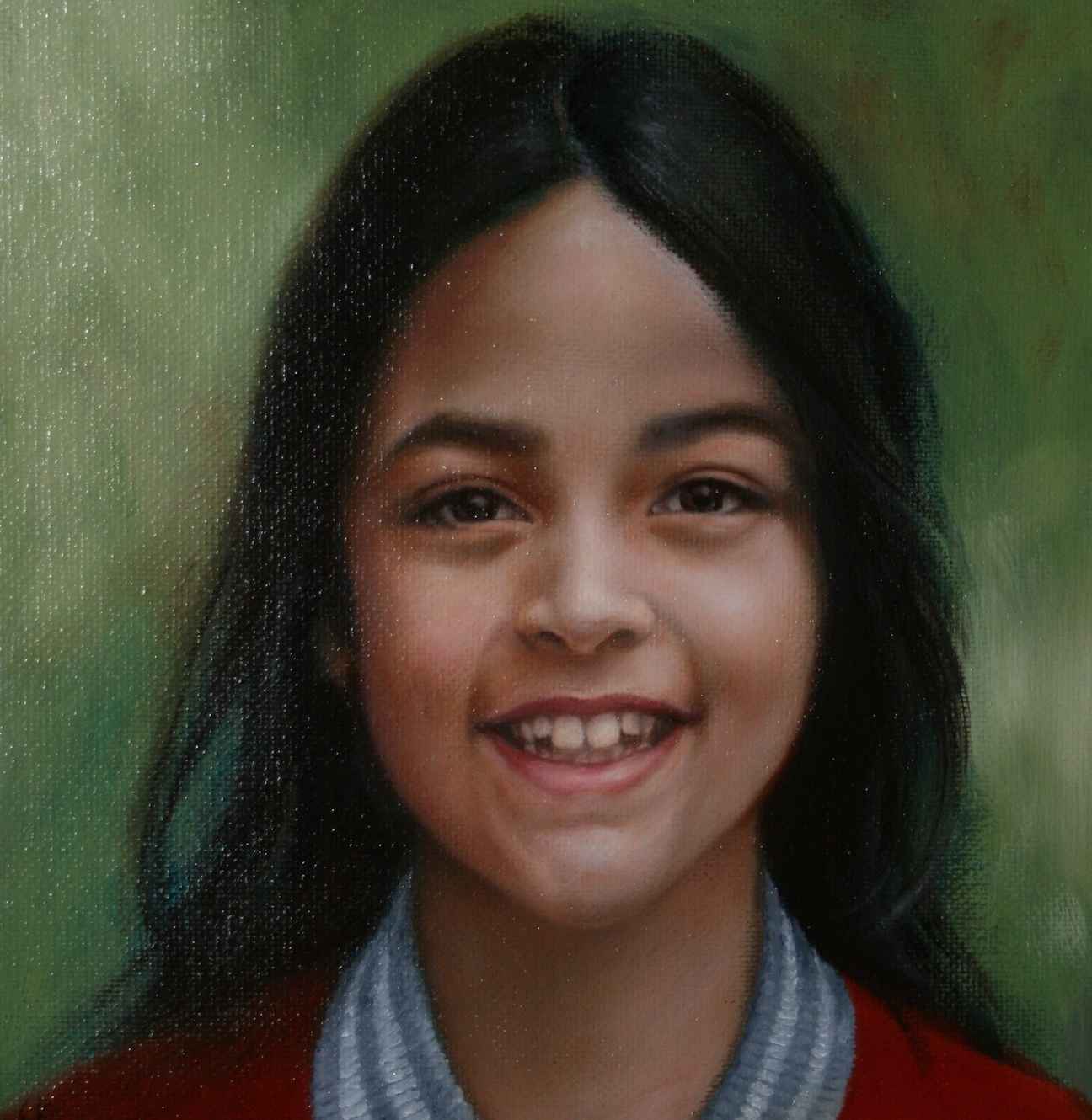 Portret van een lachend Indonesisch meisje, Naomi.  Olieverf schilderij gemaakt door Els Vink.