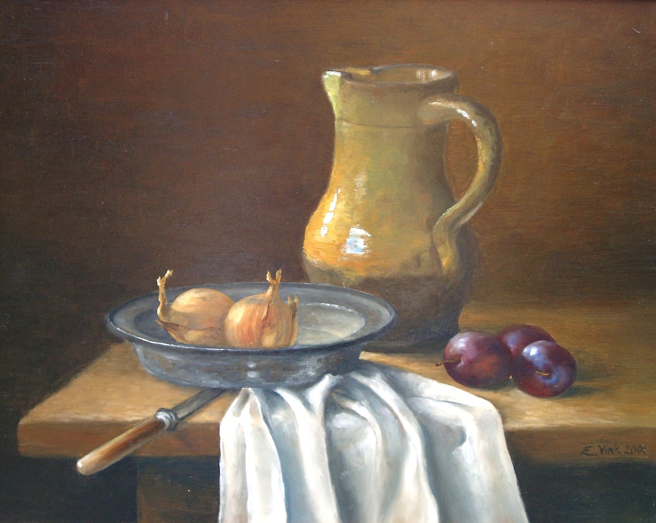 Stone jar and tin plate, geschilderd door Els Vink