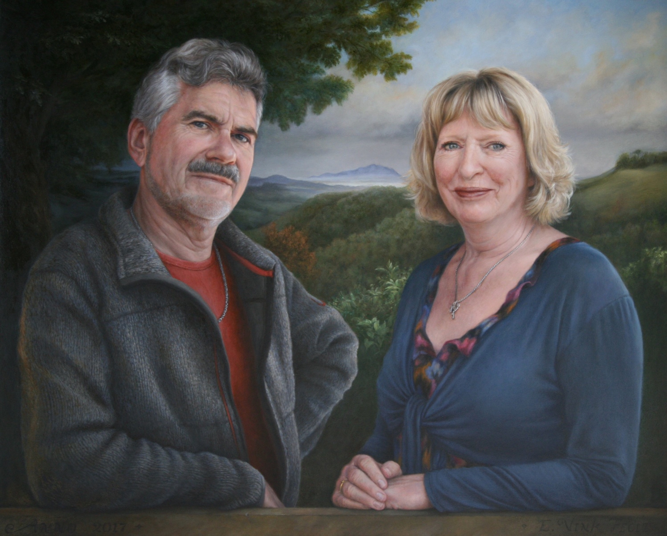 Portret van een nederlands echtpaar in Italië. Op de achtergrond is de berg Monte Soratte te zien. Olieverf schilderij gemaakt door Els Vink.