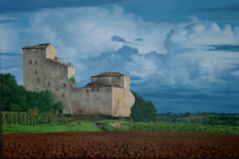 Toscane, een weelderig groen landschap met een kasteel. Olieverf schilderij gemaakt door Els Vink.
