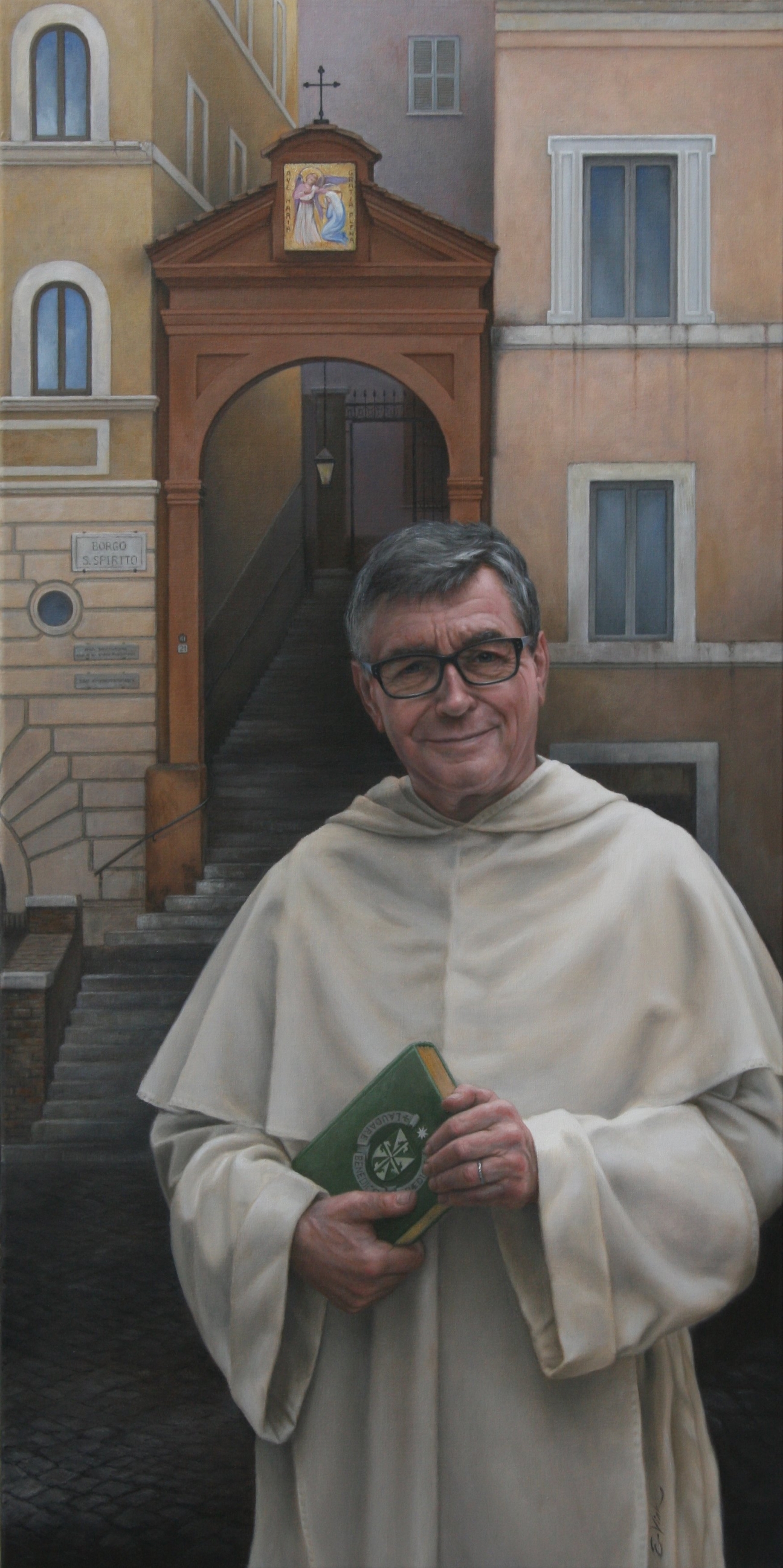 Portret van Pater Tiemen Brouwer staande voor de Friezenkerk te Rome, Italië. Olieverf schilderij gemaakt door Els Vink.