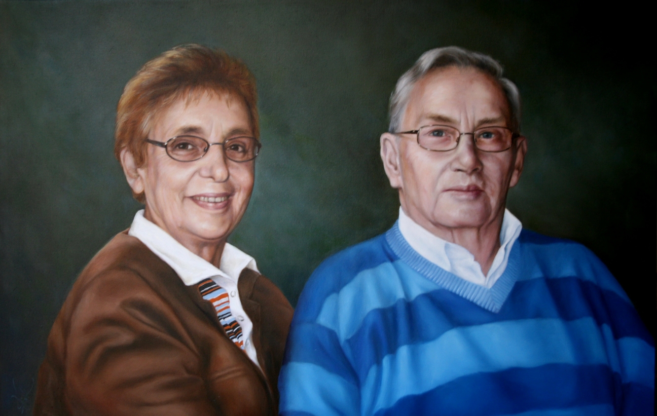 Portret van een wat ouder echtpaar: Gerard and Sannie Langenkamp uit Emmeloord.  Gemaakt door portretschilder Els Vink.
