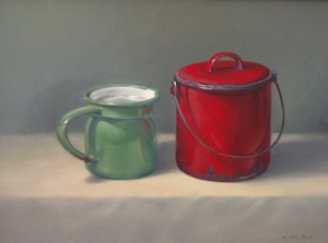 Still-life painting with a green can and a red pot. Made by Els Vink.