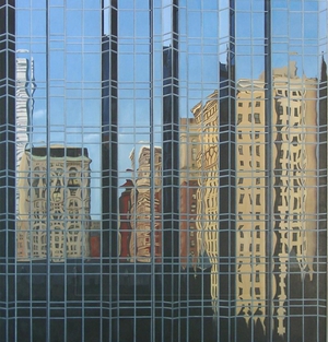 Painting with the glass-facade of an office building, reflecting the city of Pittsburgh, USA. Made by Els Vink.