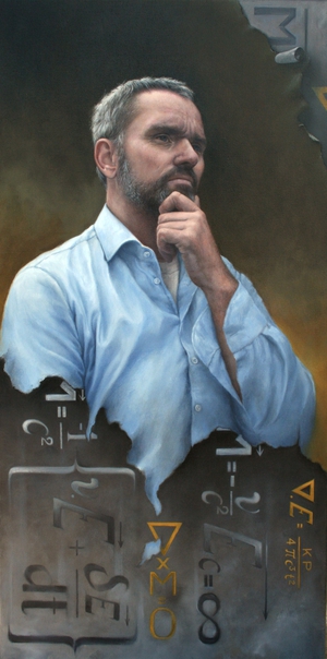 Portrait of Mathematics Man, a scientific researcher. His astonishing theoretical mathematics are depicted in his portrait. Oils on canvas by painted by Els Vink.
