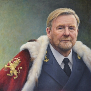 Portrait of King Willem-Alexander of the Netherlands. He is wearing his marine uniform and around his shoulders the royal cloak of red velvet and ermine fur. Made in oils by Els Vink.