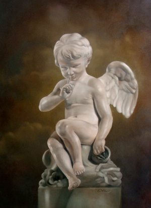 Painting of Cupid, a marble statue. Once it belonged to Madame de Pompadour, mistress of the French King Louis XV. Made by portrait painter Els Vink.