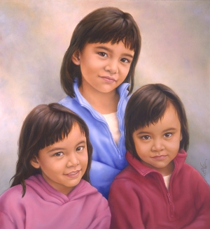 Portrait of three beautiful young girls, who are sisters. They come from Jakarta, Indonesia. Made by portrait painter Els Vink.