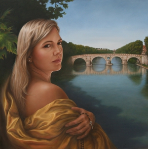 Portrait of a young American woman. In the background a view on the bridge "il Ponte Sisto" over the river Tiber in the very centre of Rome. Made by portrait painter Els Vink.