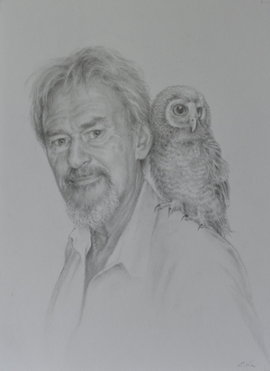 Portrait of a man with a young owl. Pencil drawing by Els Vink.