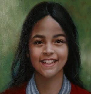 Portrait of a happy, smiling young Indonesian girl, named Naomi. Painted by Els Vink.