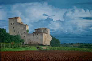Tuscany, a lush green countryside with a castle. A landscape painting by Els Vink.