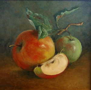 A small painting with some apples, painted by  Els Vink.
