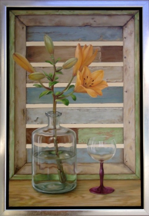 Still-life painting of orange lillies in a bottle. Made by Els Vink.